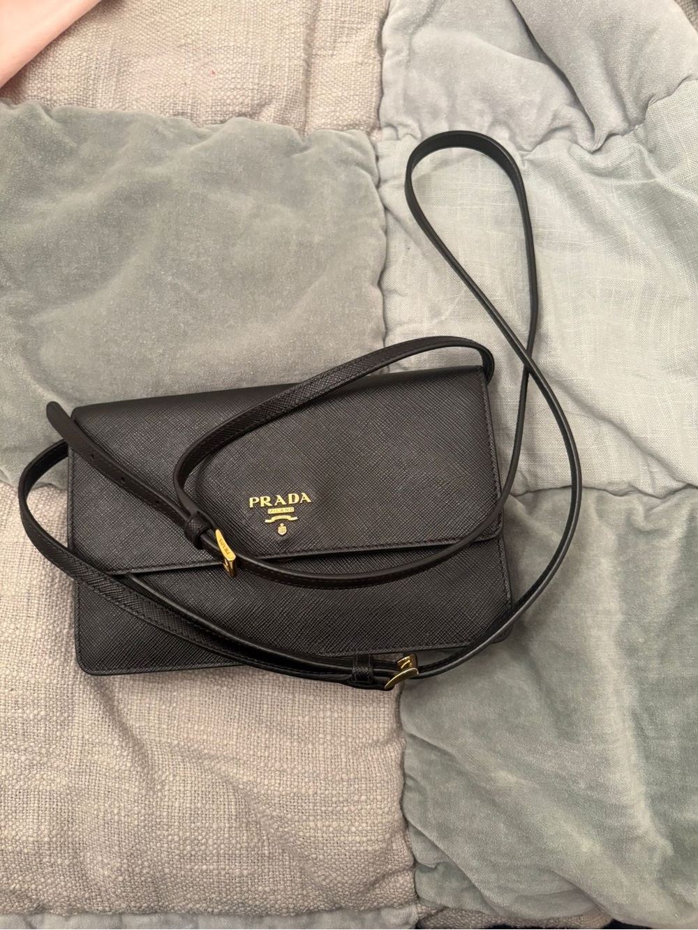 Prada Black Saffiano Crossbody with Gold Logo